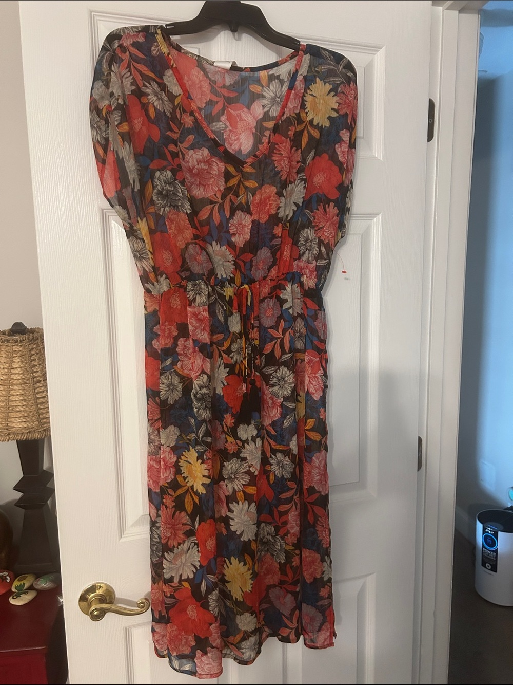 Time and Tru Floral V-Neck Midi Dress in Black with Red, Yellow & Blue Flowers